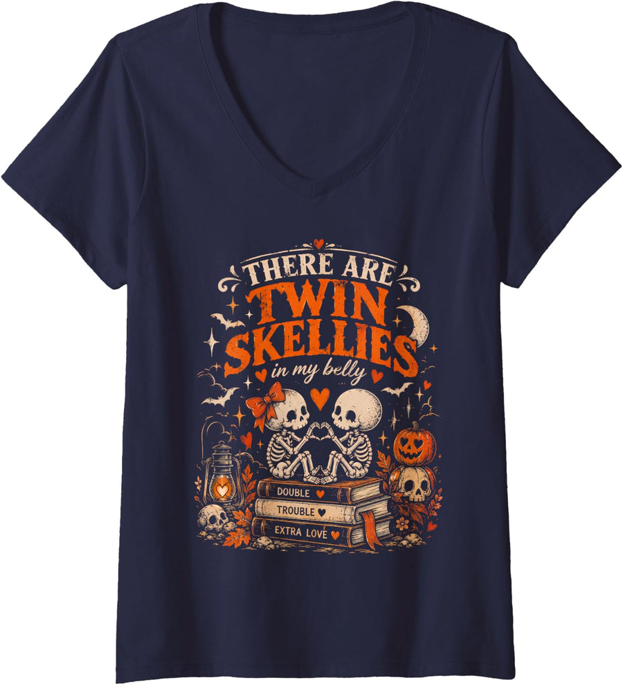 Women's Twin Skellies Belly Skeleton Halloween Pregnancy V-Neck T-Shirt - Navy Blue