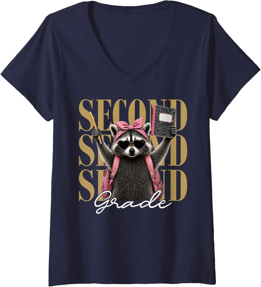 Women's Funny Raccoon Back to School 2nd Grade Girl Second Grade Kid V-Neck T-Shirt - Navy Blue
