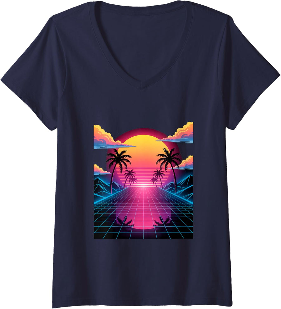Women's Vaporwave Sunset Grid Retro Digital Landscape in Synthwave V-Neck T-Shirt - Navy Blue