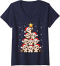 Women's Ferret Christmas Tree Cute Animal Festive Xmas V-Neck T-Shirt - Navy Blue