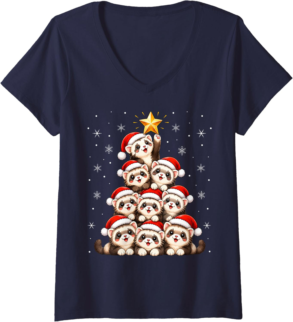 Women's Ferret Christmas Tree Cute Animal Festive Xmas V-Neck T-Shirt - Navy Blue