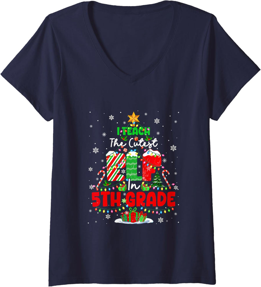 Women's I Teach The Cutest Elf in 5th Grade Christmas Tree Teacher V-Neck T-Shirt - Navy Blue