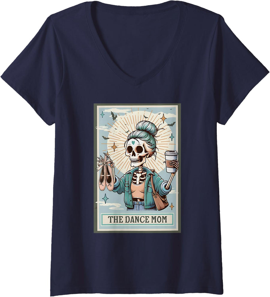 Women's The Dance Mom Skeleton Coffee Mama Mommy Happy Mother's Day V-Neck T-Shirt - Navy Blue
