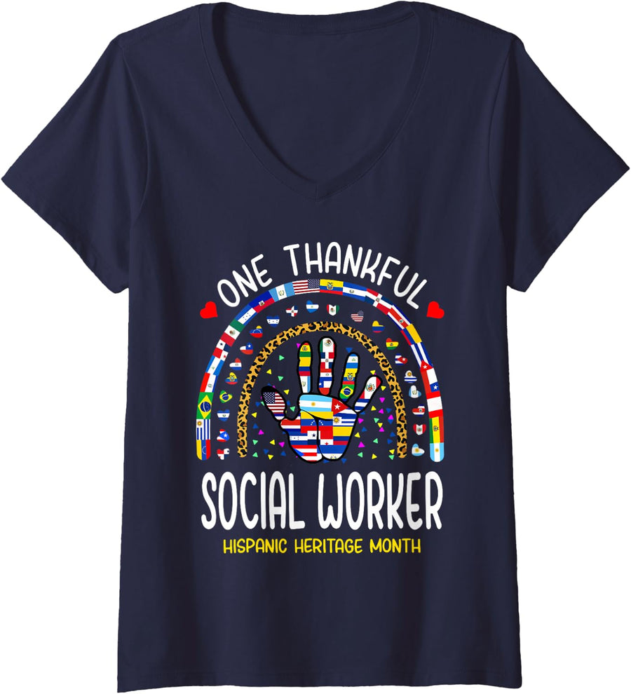 Women's One Thankful Social Worker Hispanic Heritage Month Rainbow V-Neck T-Shirt - Navy Blue