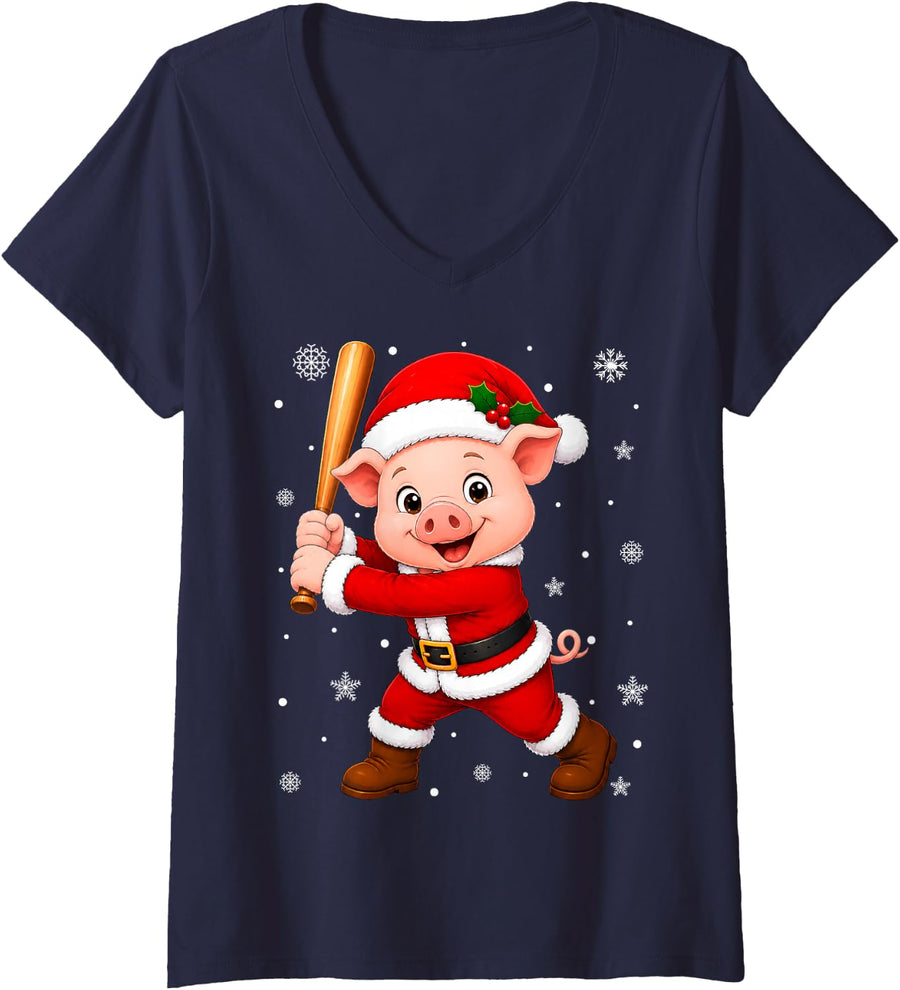 Women's Cute Festive Pig Playing Baseball Christmas V-Neck T-Shirt - Navy Blue