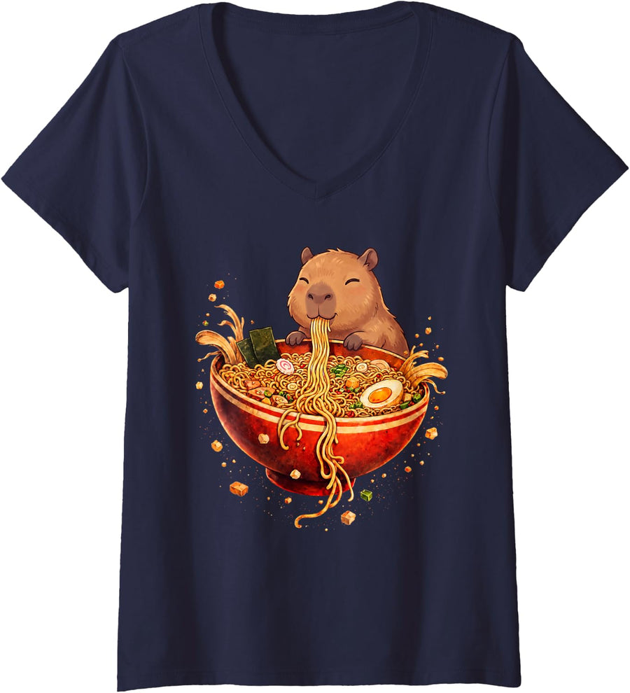 Women's Capybara Ramen Japanese Art Funny Anime Graphic Tee Kawaii V-Neck T-Shirt - Navy Blue