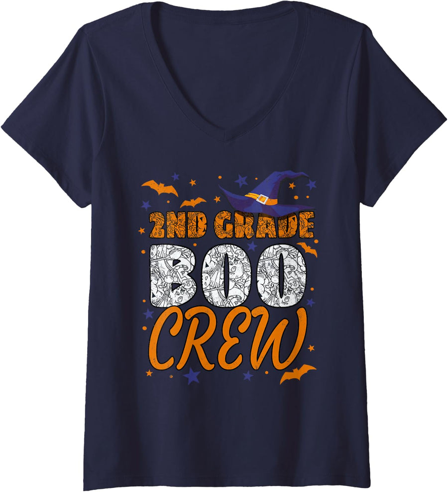 Women's 2nd Grade Boo Crew Halloween Second Grader Matching V-Neck T-Shirt - Navy Blue
