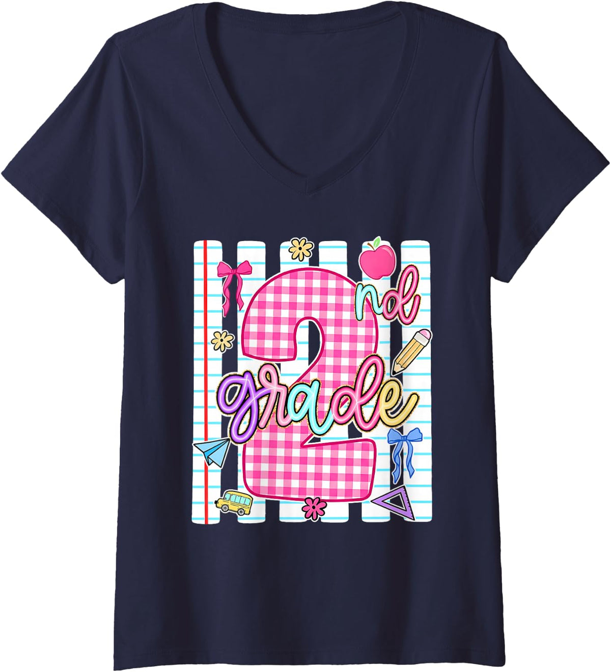 Women's Back to School 2nd Second Grade Coquette Bow Women Girl V-Neck T-Shirt - Navy Blue