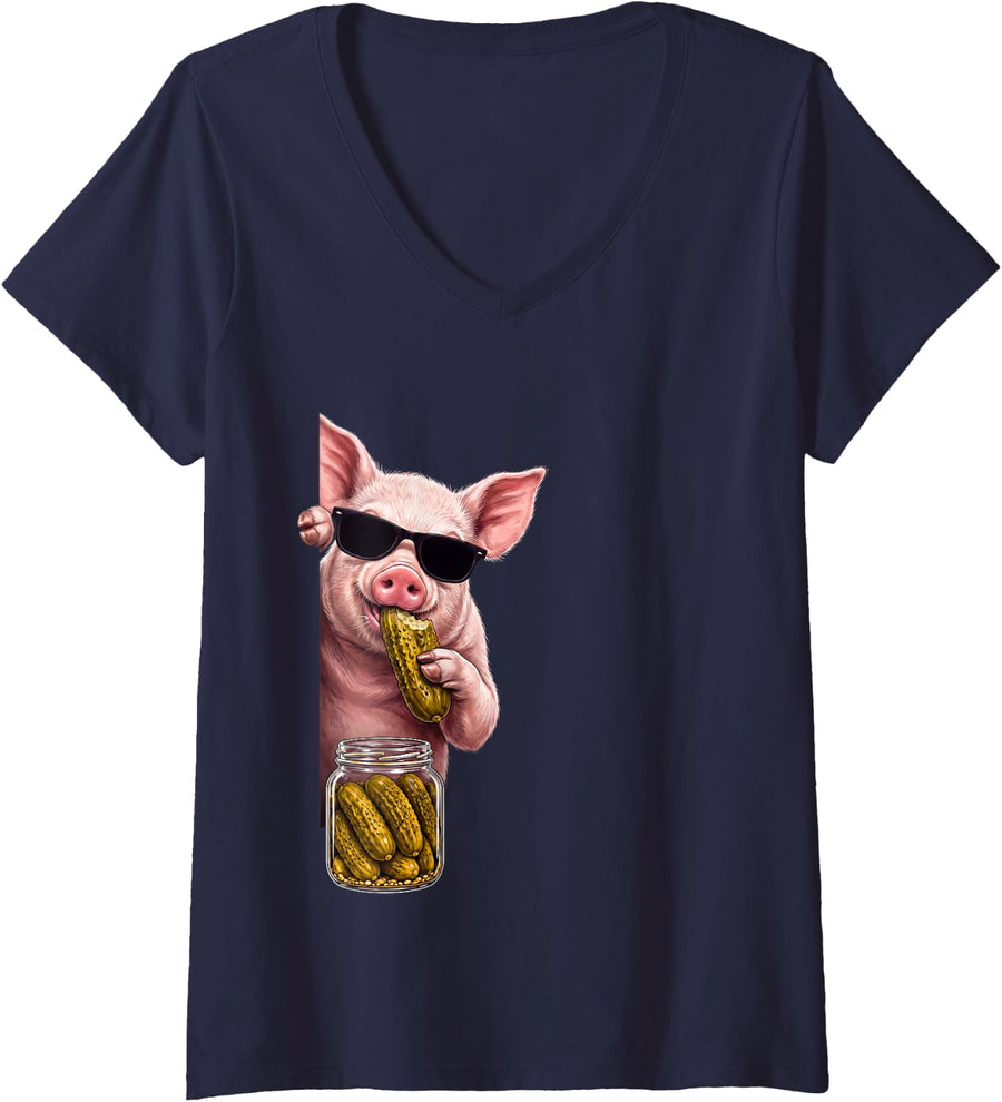 Women's Pig Peeking Eating Pickles Funny Animal Men Women V-Neck T-Shirt - Navy Blue