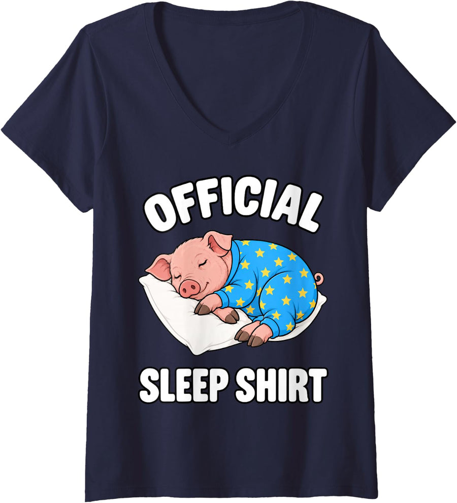 Women's Pig Sleeping in Pajamas Official Sleepshirt Cute V-Neck T-Shirt - Navy Blue