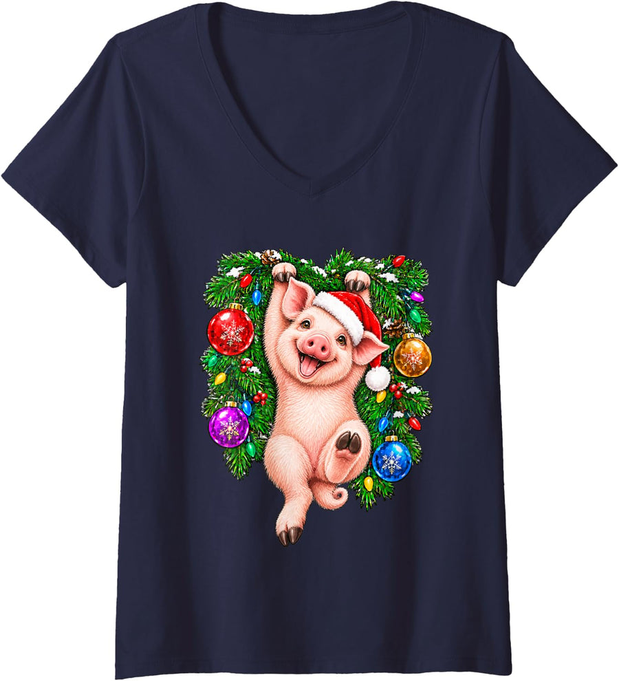 Women's Cute Pig with Christmas Tree Festive Lights Xmas Animal V-Neck T-Shirt - Navy Blue