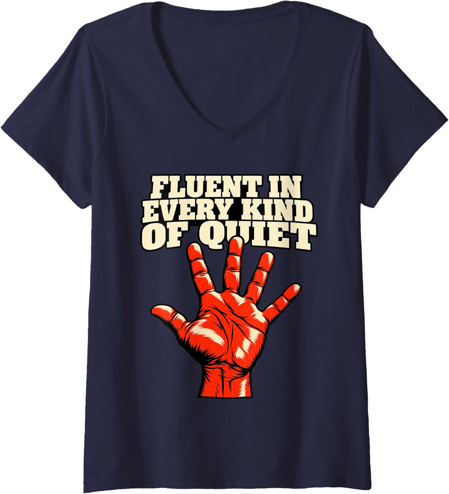 Women's Special Education Fluent in Every Kind of Quiet Hand Teacher V-Neck T-Shirt - Navy Blue