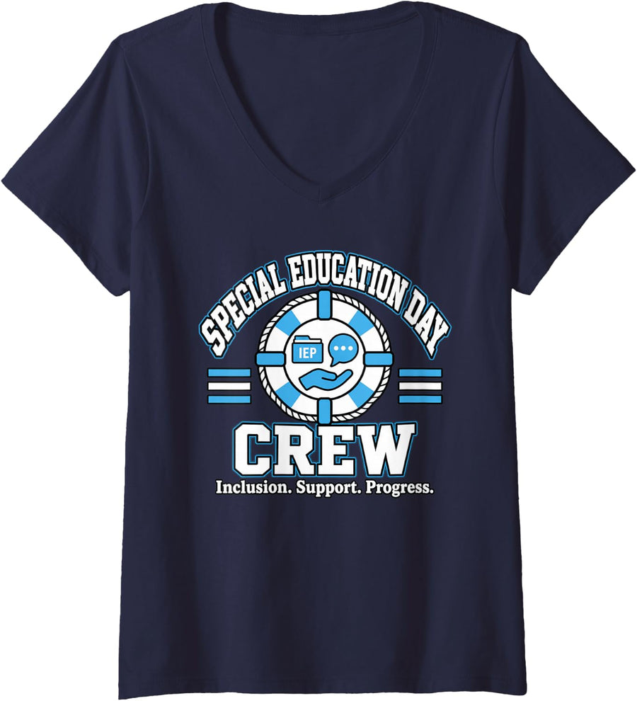 Women's Special Education Day Crew Inclusion Support SPED V-Neck T-Shirt - Navy Blue