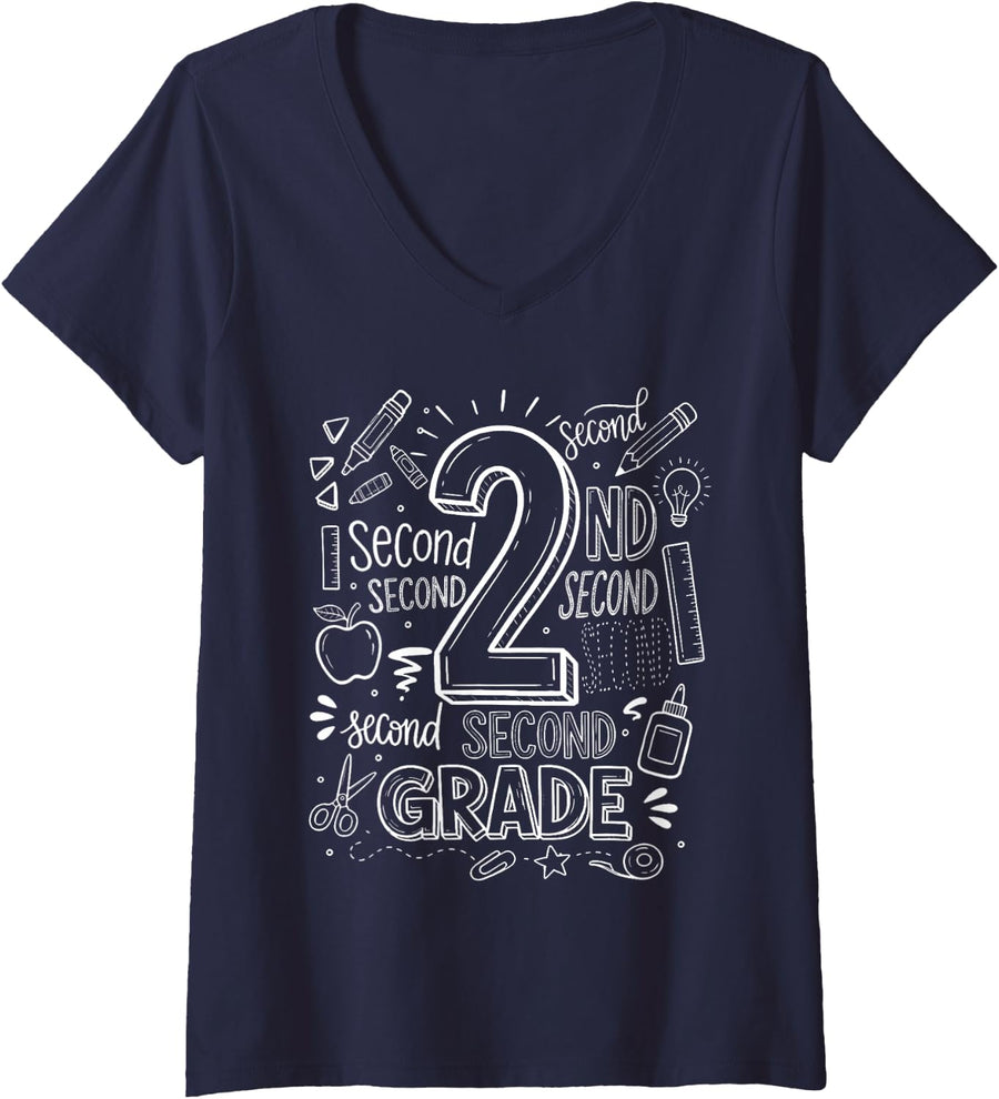 Women's 2nd Grade for Boys Back to School First Day Second Grade V-Neck T-Shirt - Navy Blue