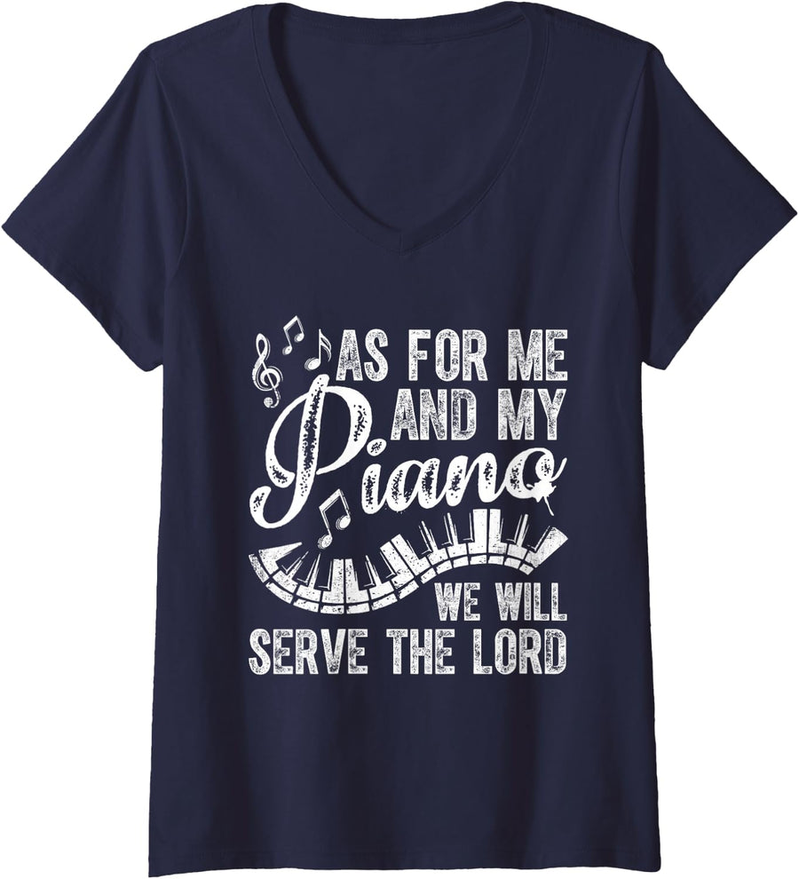 Womens As For Me & My Piano We Will Serve The Lord Piano Lover V-Neck T-Shirt - Navy Blue