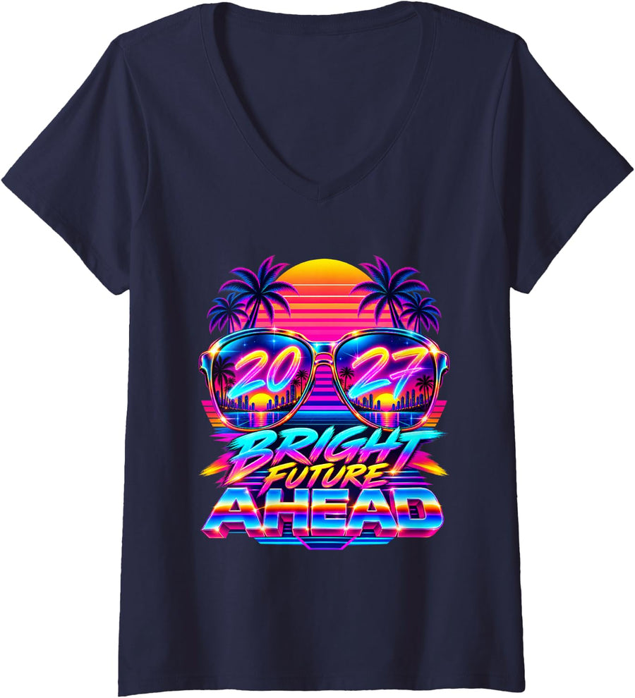 Women's 2026 New Years Eve NYE Countdown to 2027 Bright Future Ahead V-Neck T-Shirt - Navy Blue