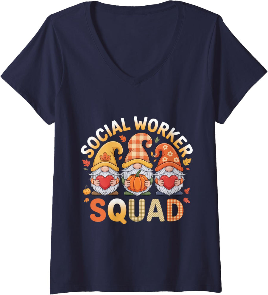 Women's Social Worker Squad Proud Fall Gnome Halloween V-Neck T-Shirt - Navy Blue