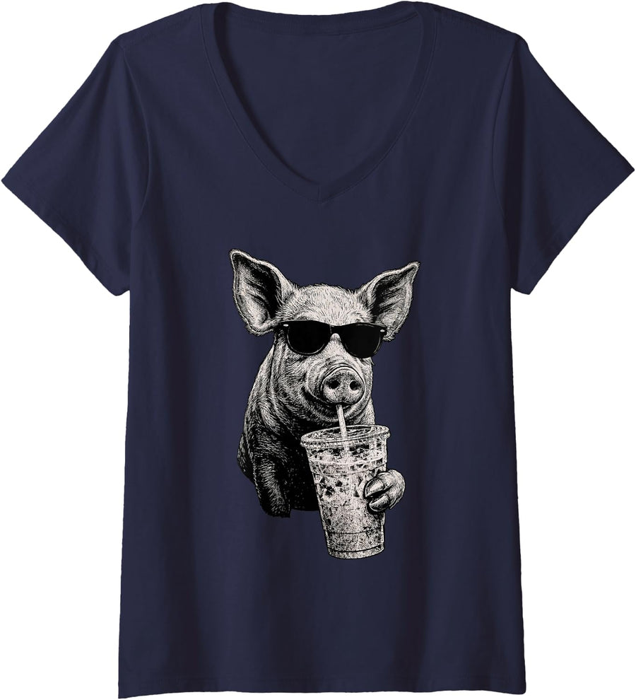 Women's Funny Pig Drinking Iced Coffee Farm Animal Humor V-Neck T-Shirt - Navy Blue
