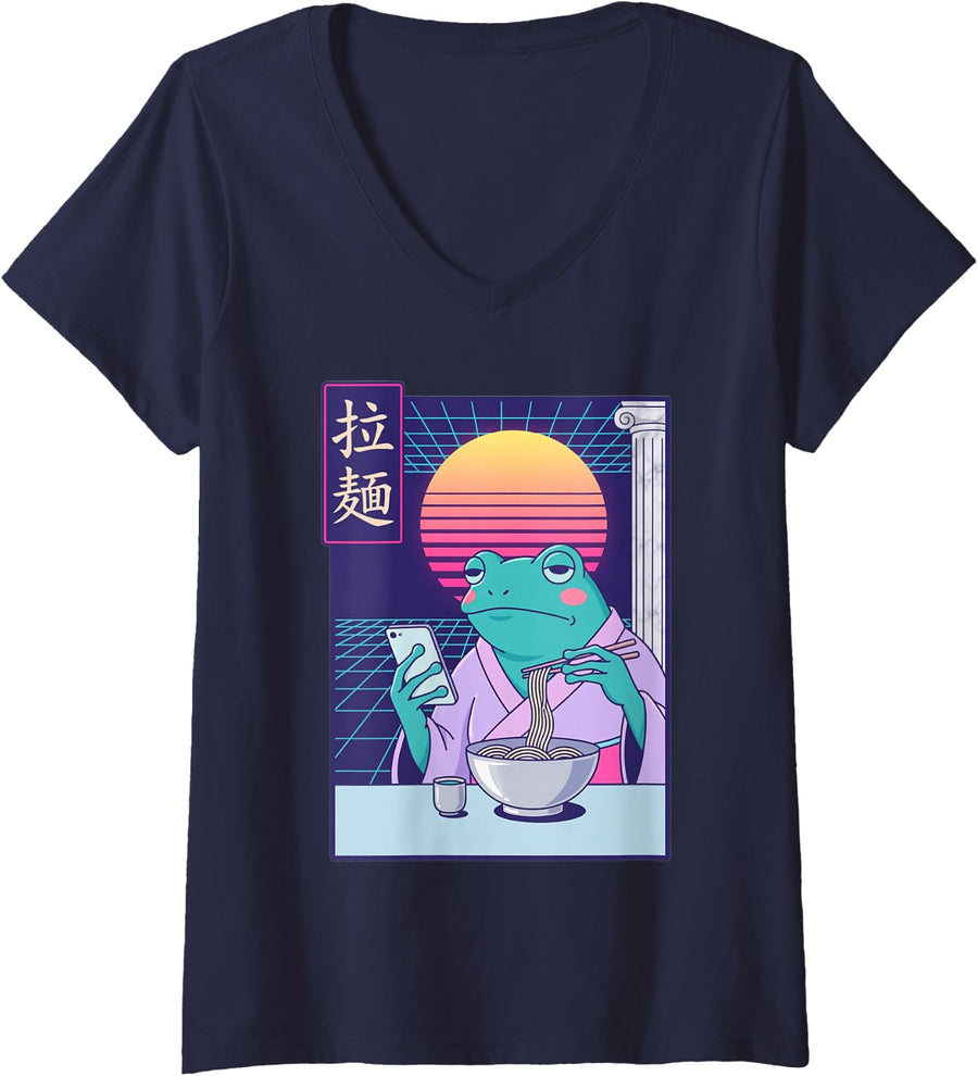 Women's Funny Frog Phone Scrolling Ramen Noodles Vaporwave Retro 80s V-Neck T-Shirt - Navy Blue