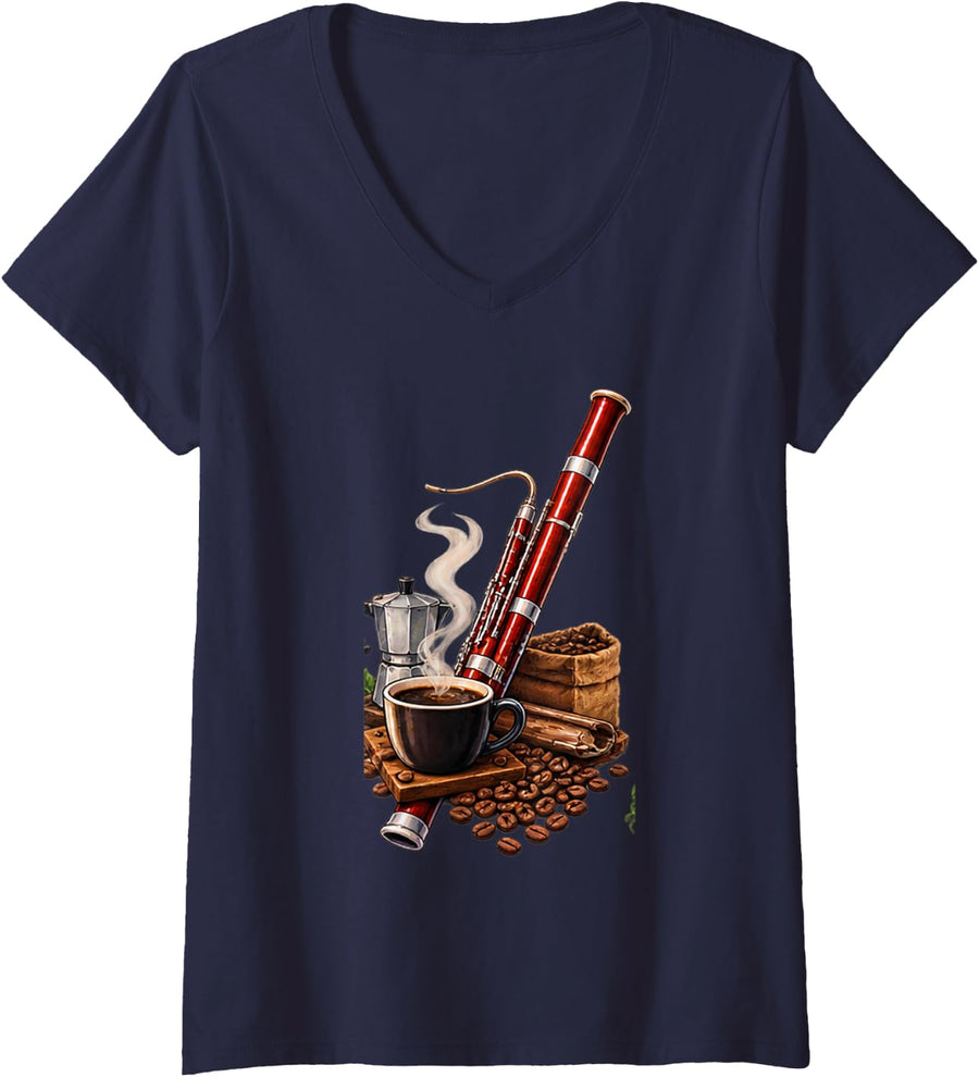 Women's Bassoon & Coffee Bassoonist Coffee Lover Classical Music V-Neck T-Shirt - Navy Blue