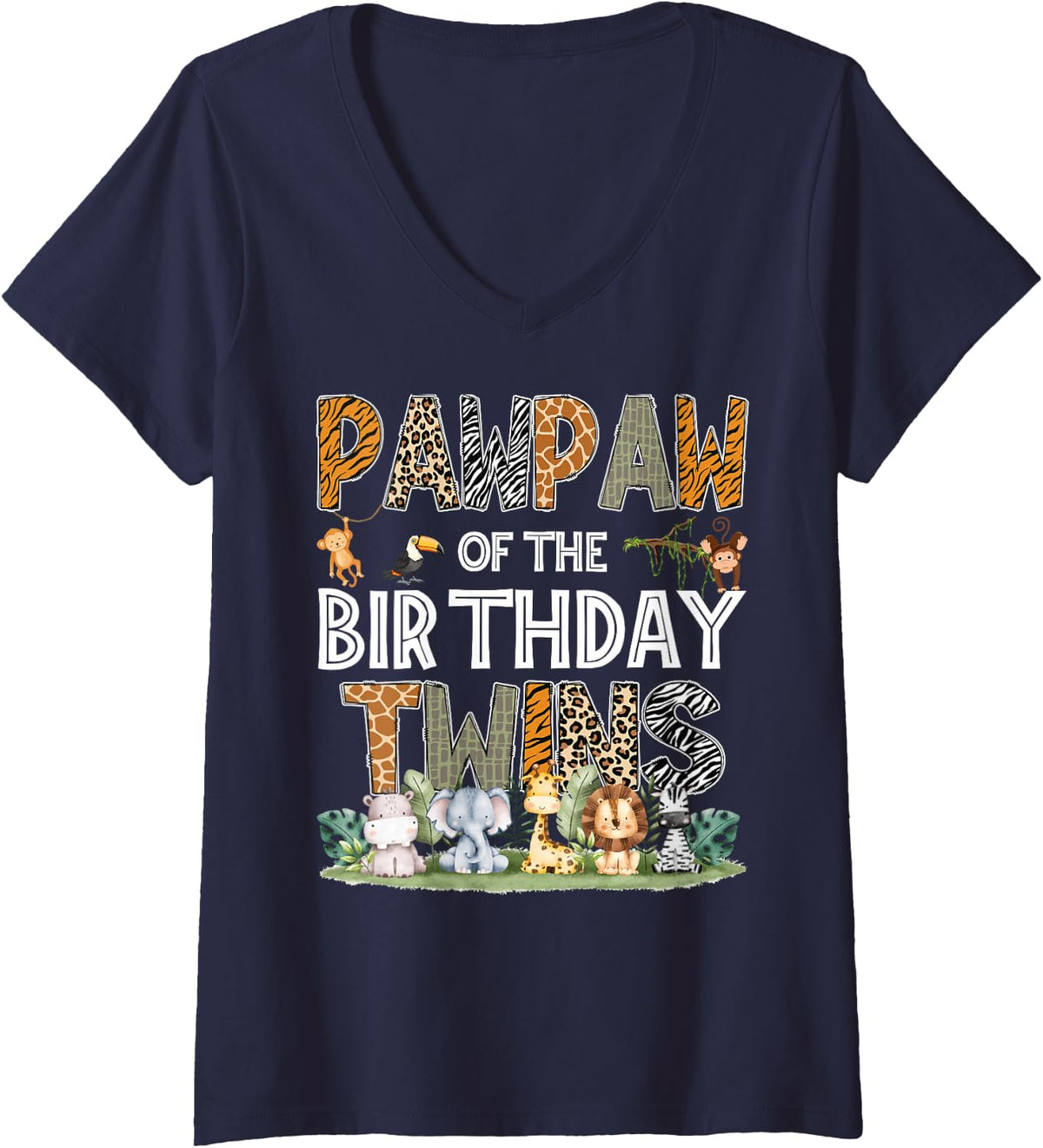 Women's Pawpaw of The Birthday Twins Safari Wild One Zoo Animal V-Neck T-Shirt - Navy Blue