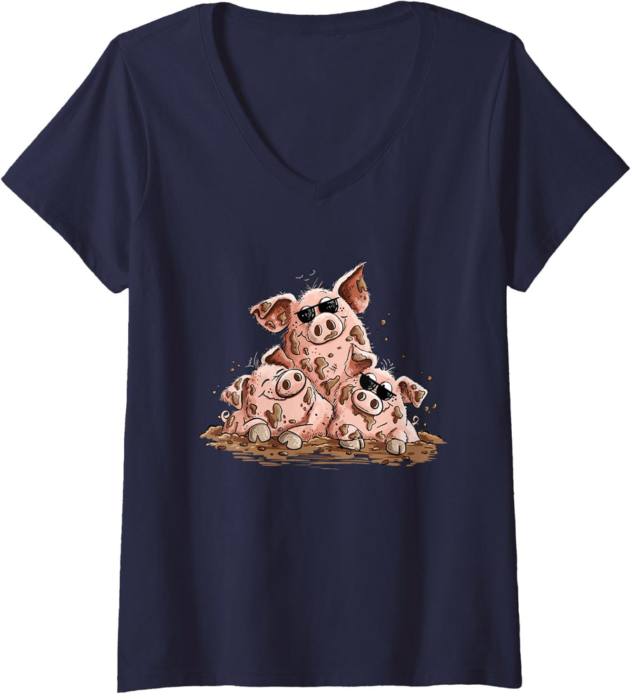 Women's Three Cool Pigs in Mud I Farm Animal Country Humor Pig V-Neck T-Shirt - Navy Blue