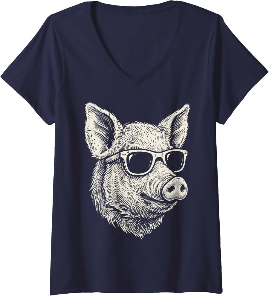 Women's Cool Pig Sunglasses Funny Farmer Farm Animal Lover Farming V-Neck T-Shirt - Navy Blue