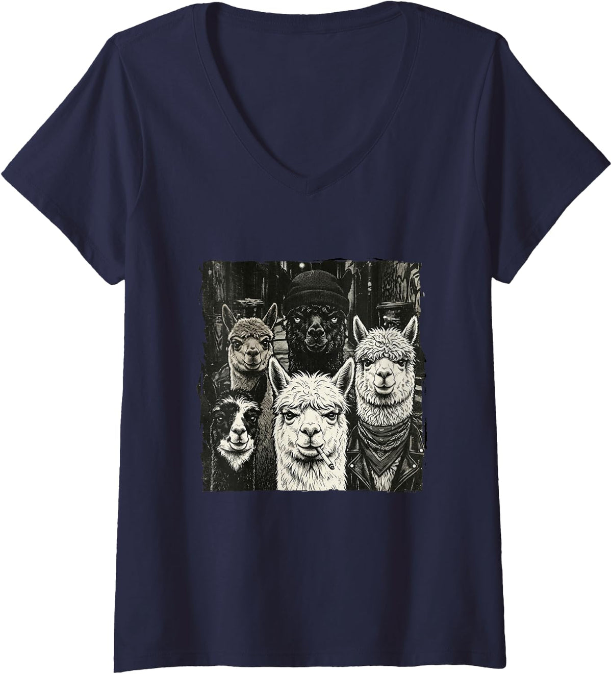 Women's Cool Vintage Gangster Street Crew Alpaca V-Neck T-Shirt - Navy Blue