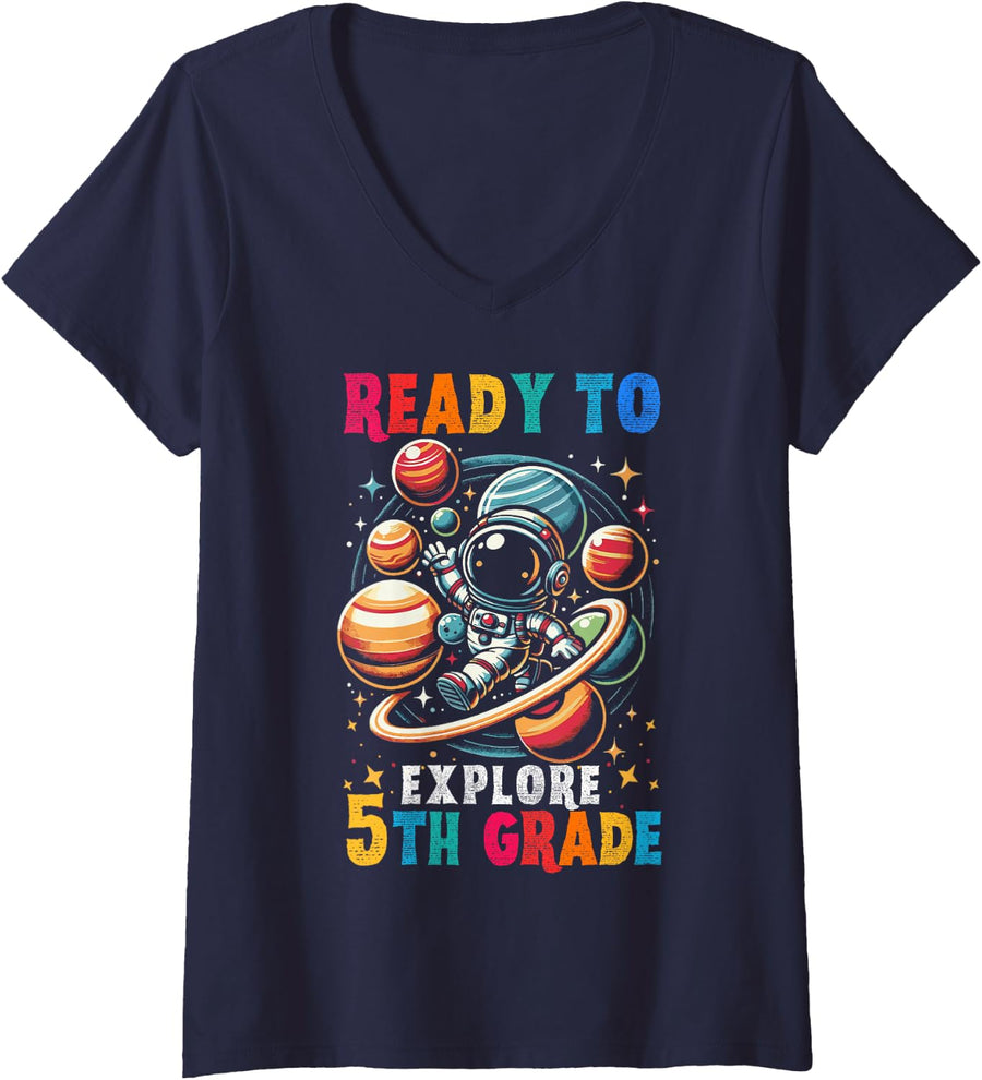 Women's First Day Kids Welcome Back to School Astronaut 5th Grade V-Neck T-Shirt - Navy Blue