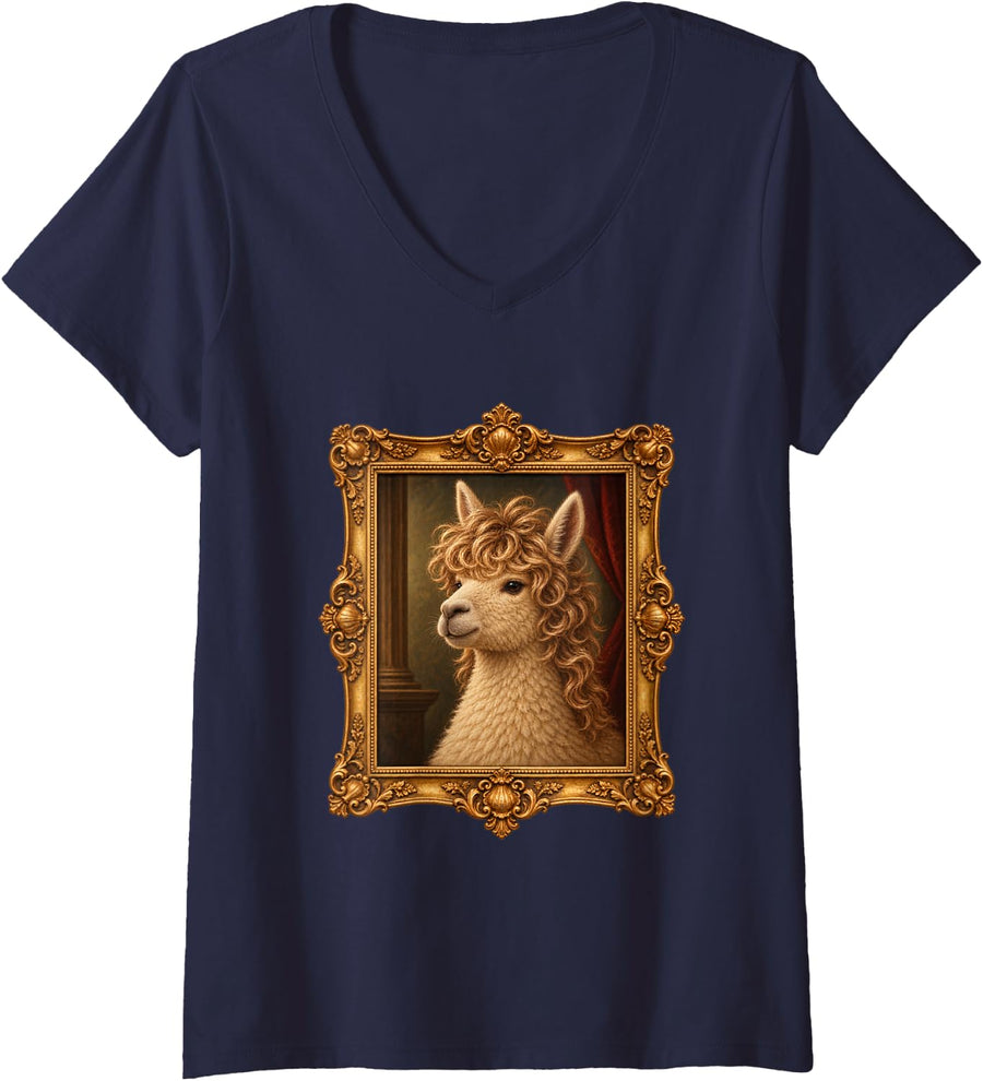 Women's Alpaca Curly Shag Haircut Funny Animal Portrait V-Neck T-Shirt - Navy Blue