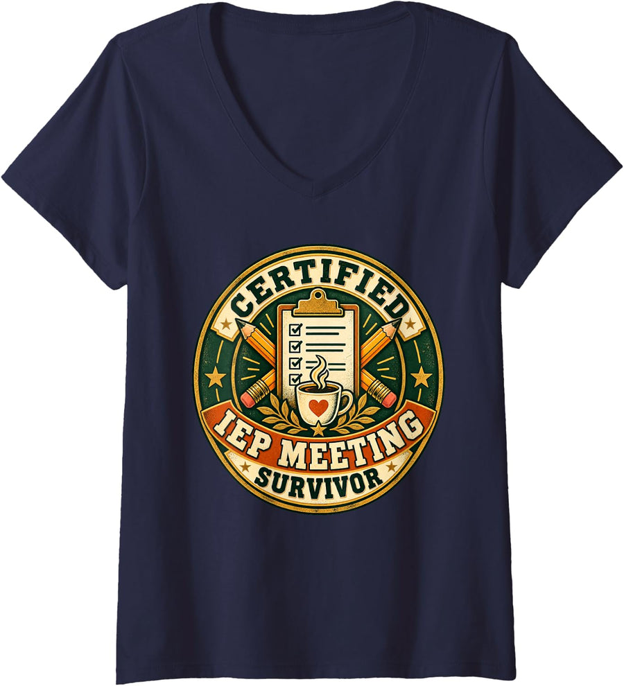 Women's Certified IEP Meeting SPED Teacher Survivor Vintage School V-Neck T-Shirt - Navy Blue