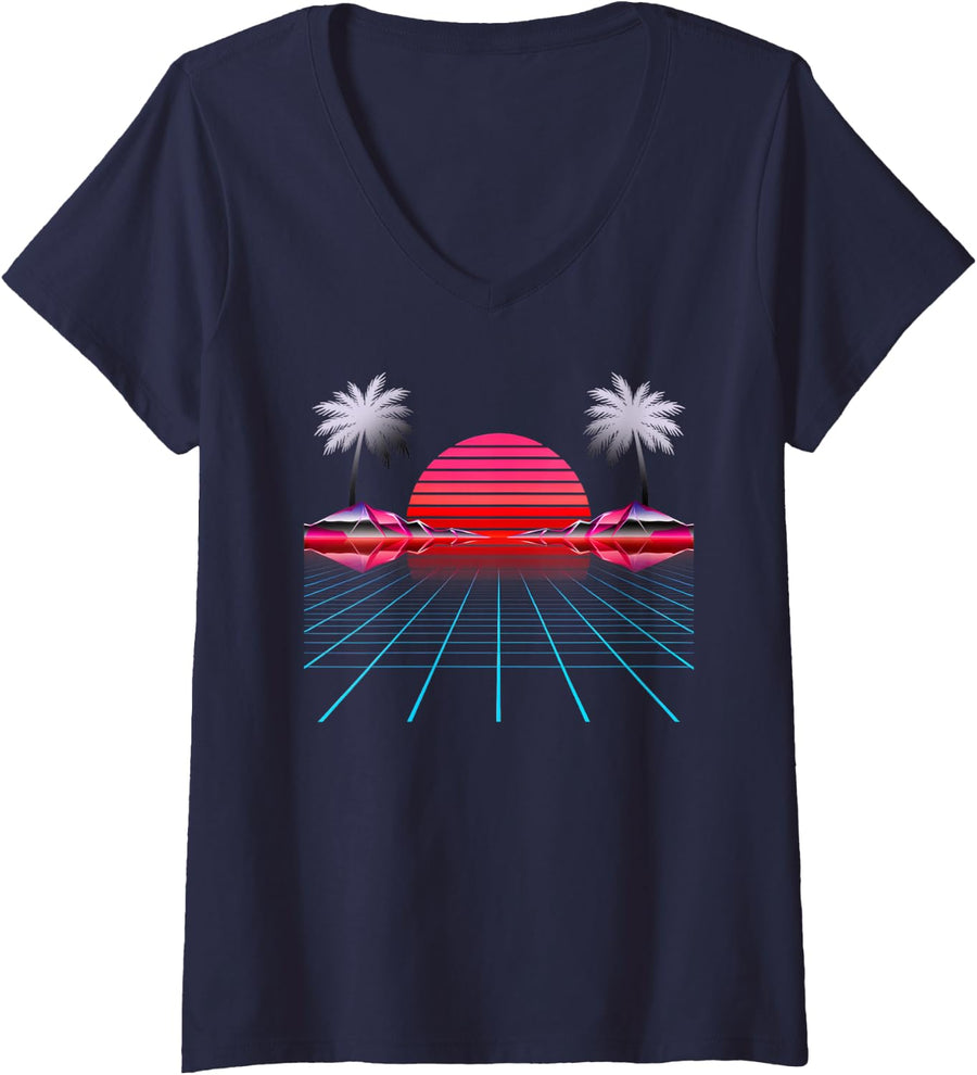 Women's Retro Miami Synthwave V-Neck T-Shirt - Navy Blue