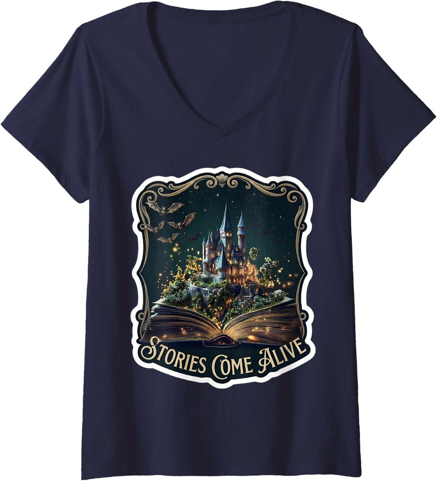 Women's Stories Come Alive Book Lover Library Bookworm Reader Quote V-Neck T-Shirt - Navy Blue
