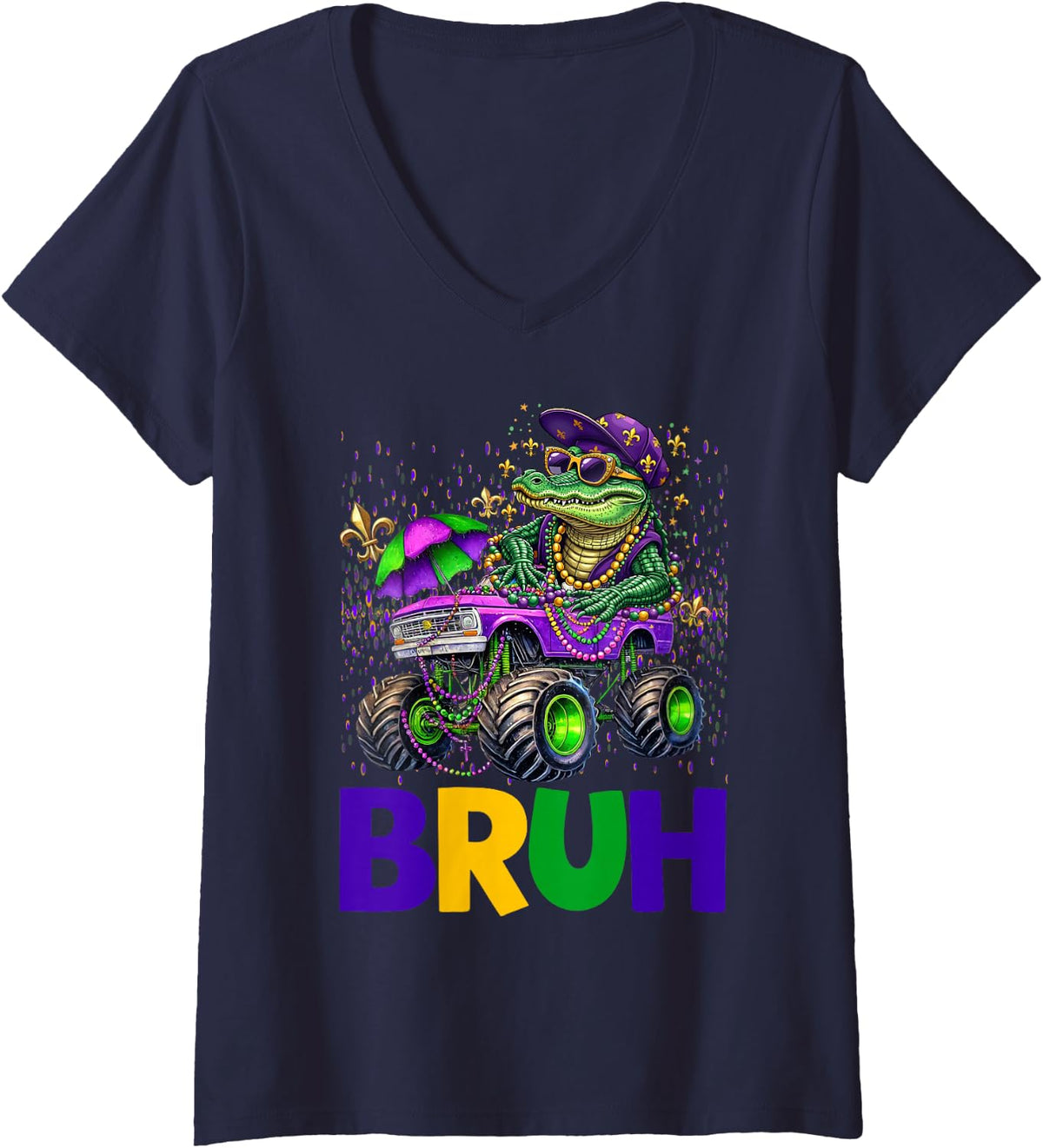 Women's Bruh Mardi Gras Costume Mardigator Alligator Teens Boys Kids V-Neck T-Shirt - Navy Blue
