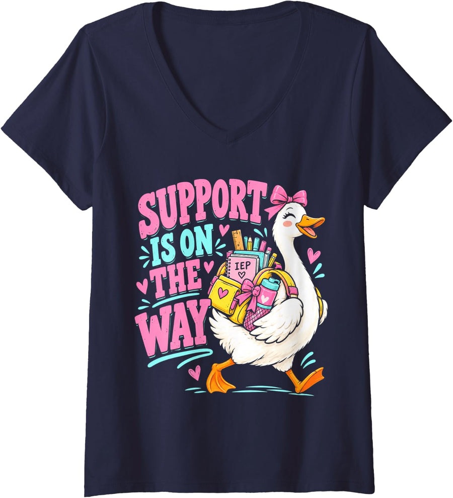 Women's Support is On The Way IEP Duck Special Education Teacher V-Neck T-Shirt - Navy Blue