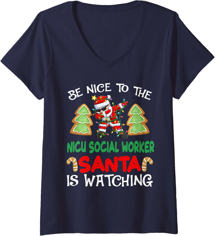 Women's Be Nice to the Nicu Social Worker Santa Claus Christmas 2023 V-Neck T-Shirt - Navy Blue