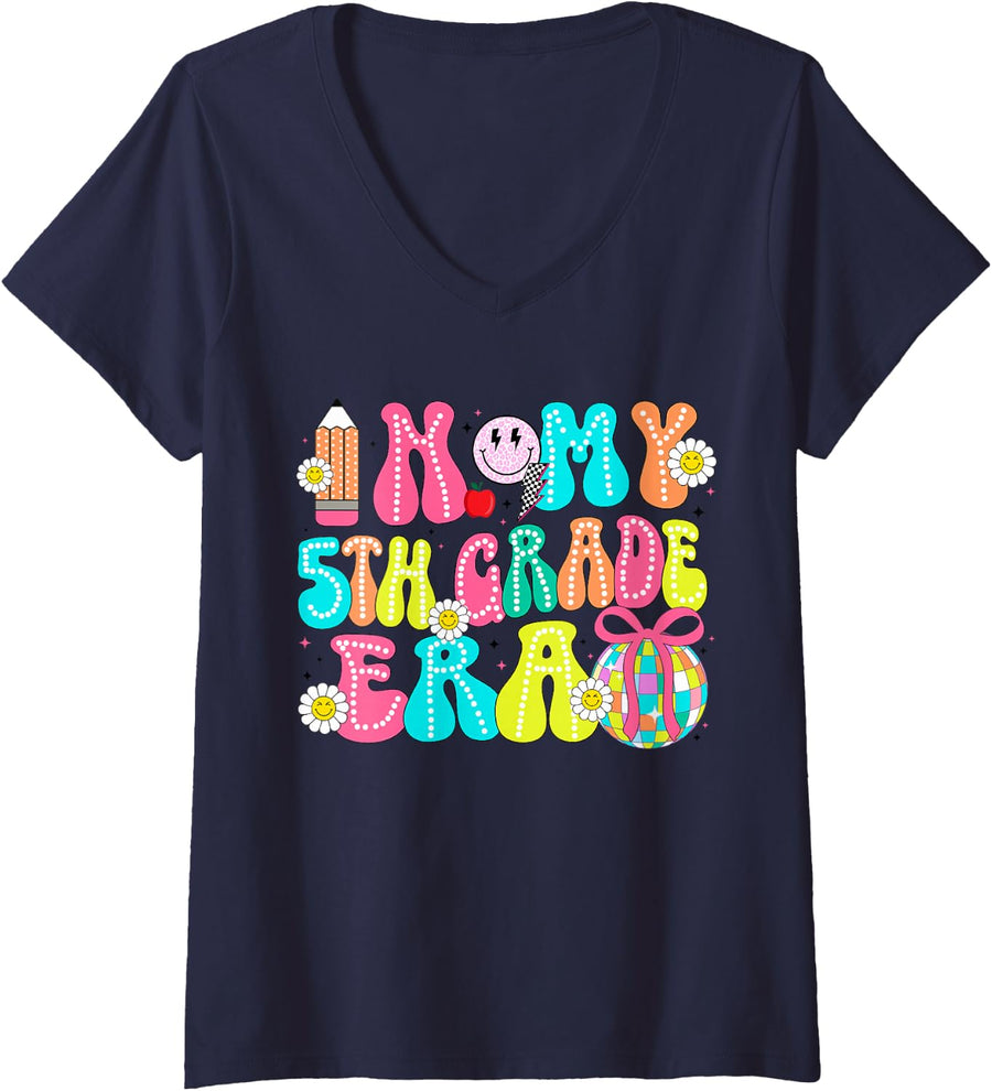 Women's in My 5th Grade Era Coquette Bow Back to School Fifth Grade V-Neck T-Shirt - Navy Blue