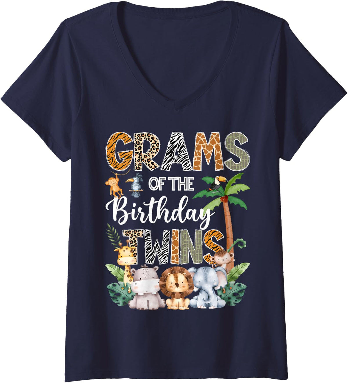 Women's Grams of The Birthday Twins Safari Jungle Animal Lover V-Neck T-Shirt - Navy Blue
