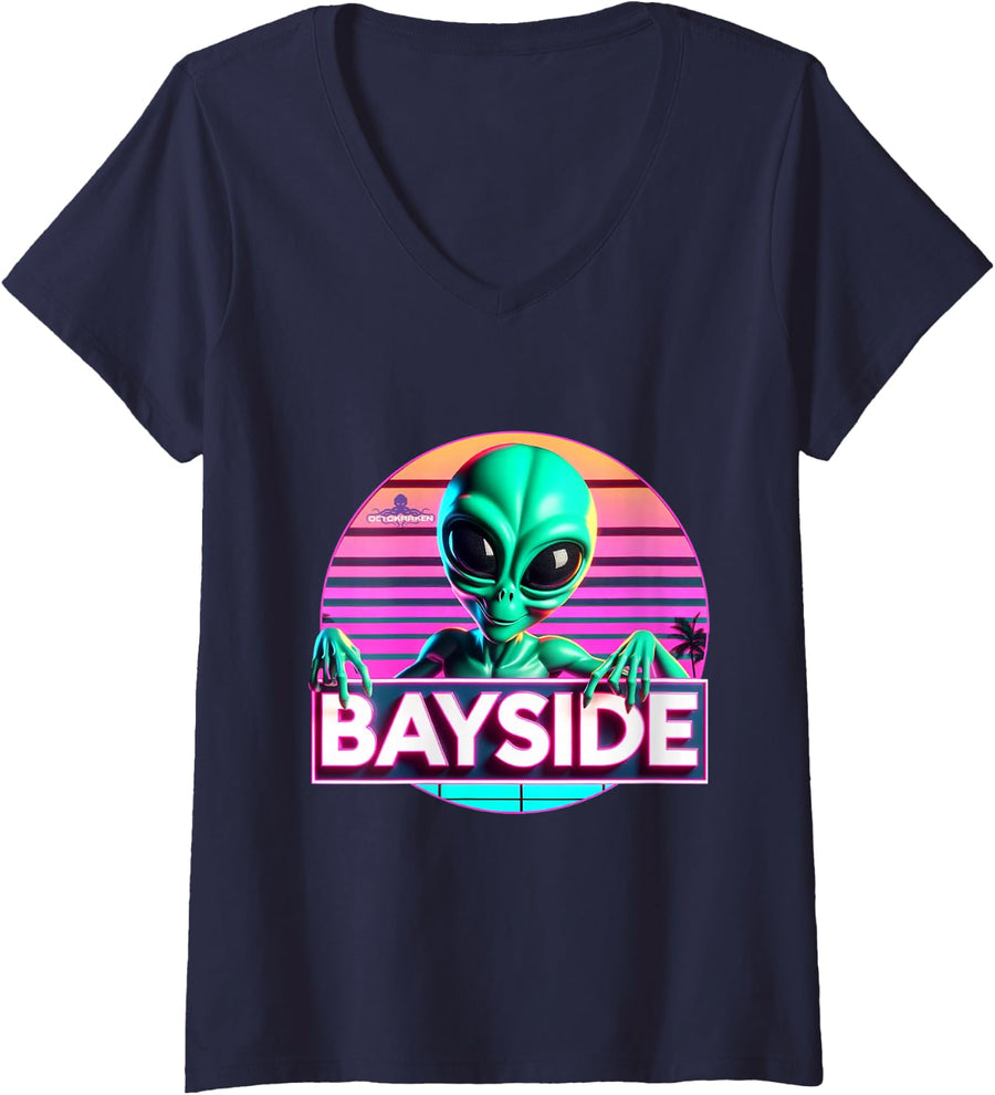 Women's Synthwave Miami Alien at Bayside/UFO/V-Neck T-Shirt - Navy Blue