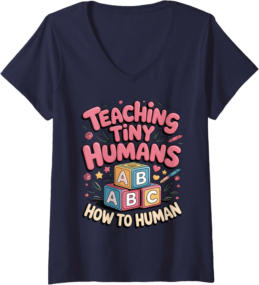 Women's Teaching Tiny Humans How to Human Daycare V-Neck T-Shirt - Navy Blue