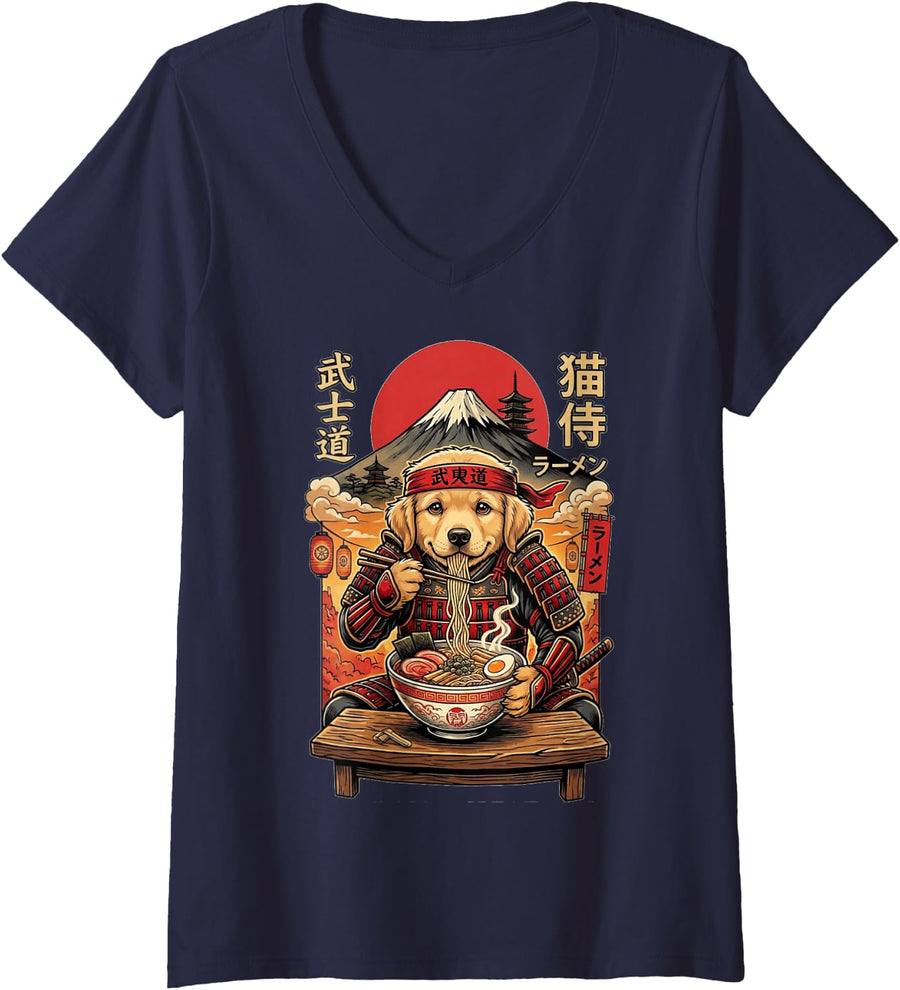 Women's Retriever Puppy Dog Ramen Kawaii Japan Samurai Graphic Snack V-Neck T-Shirt - Navy Blue
