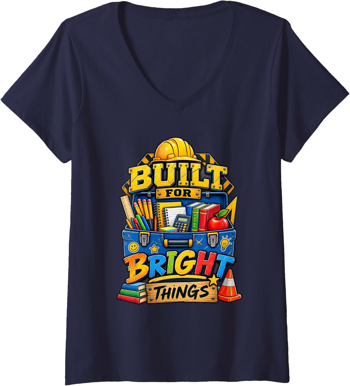 Women's Built for Bright Things Back to School Teacher Kids Learning V-Neck T-Shirt - Navy Blue