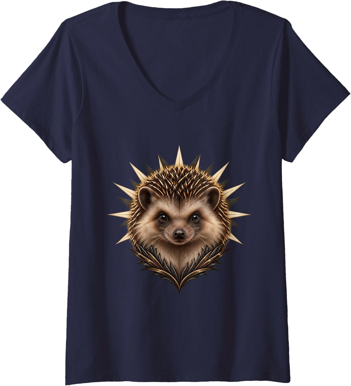 Women's Hedgehog with White Starburst V-Neck T-Shirt - Navy Blue