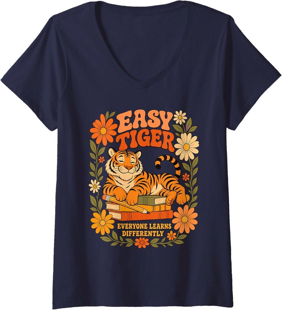 Women's Easy Tiger Everyone Learns Differently Sped Teacher V-Neck T-Shirt - Navy Blue