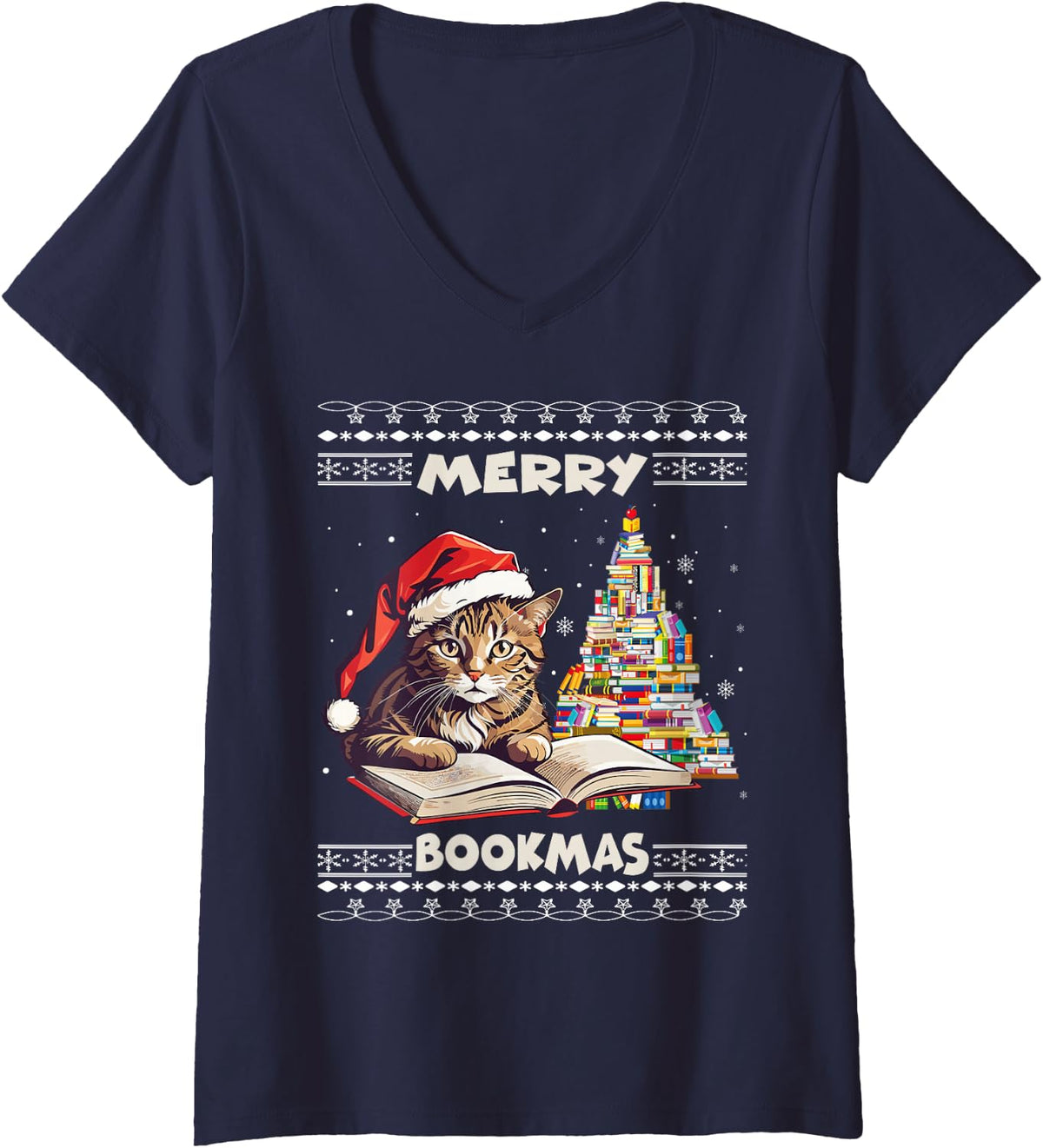 Women's Merry Bookmas Cat Reading A Book Ugly Christmas Sweater Xmas V-Neck T-Shirt - Navy Blue