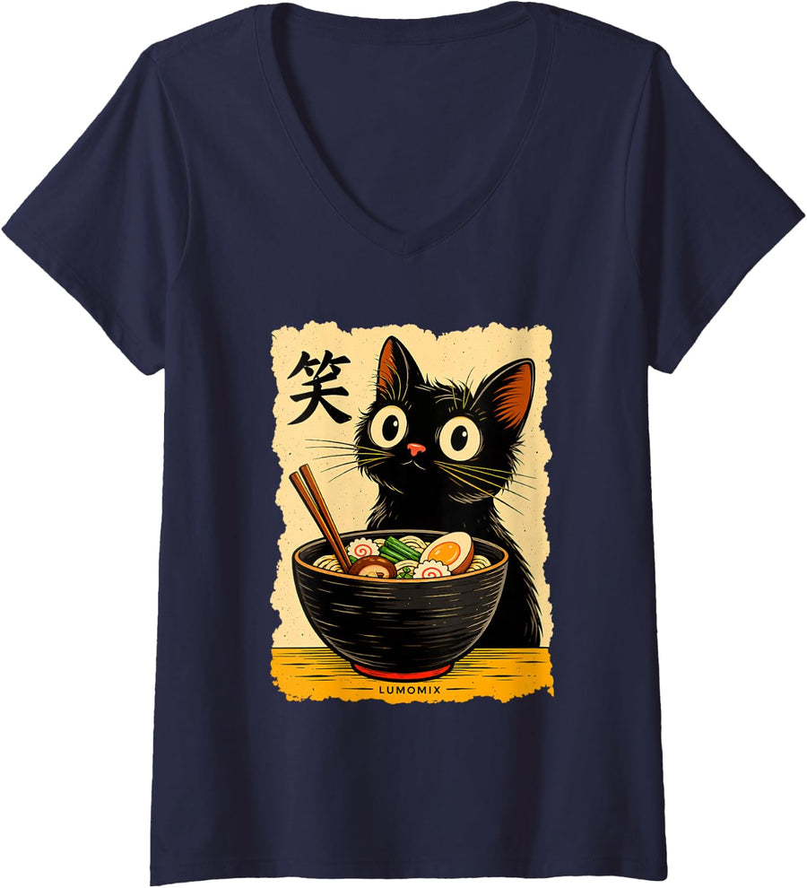 Women's T-Shirt Kawaii Ramen Cat Japanese Anime Japan V-Neck T-Shirt - Navy Blue
