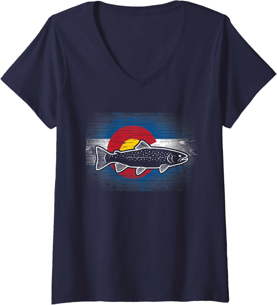 Women's Trout Fly Fishing Weathered Colorado Flag V-Neck T-Shirt - Navy Blue