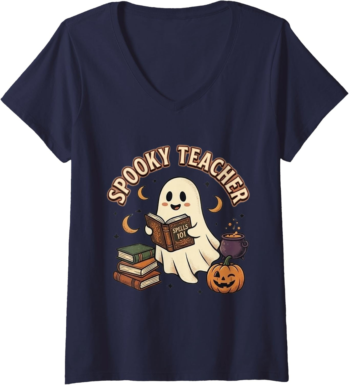 Women's Spooky Teacher Ghost Reading is Magical Halloween Design V-Neck T-Shirt - Navy Blue