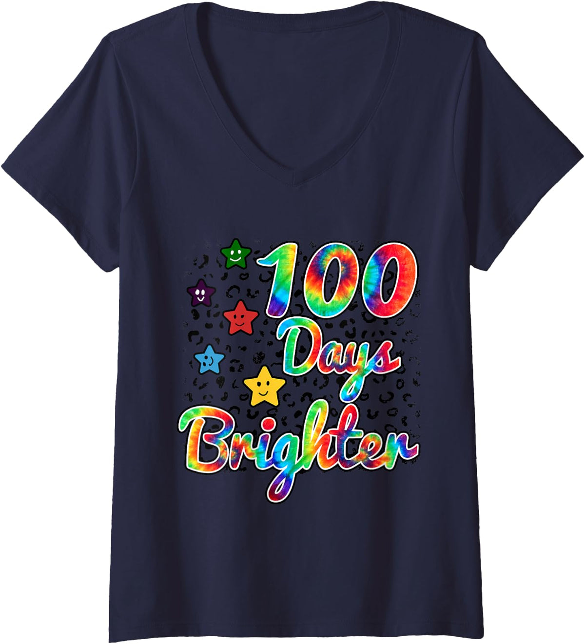 Women's Tie Dye 100 Days Brighter Student Happy 100th Day of School V-Neck T-Shirt - Navy Blue