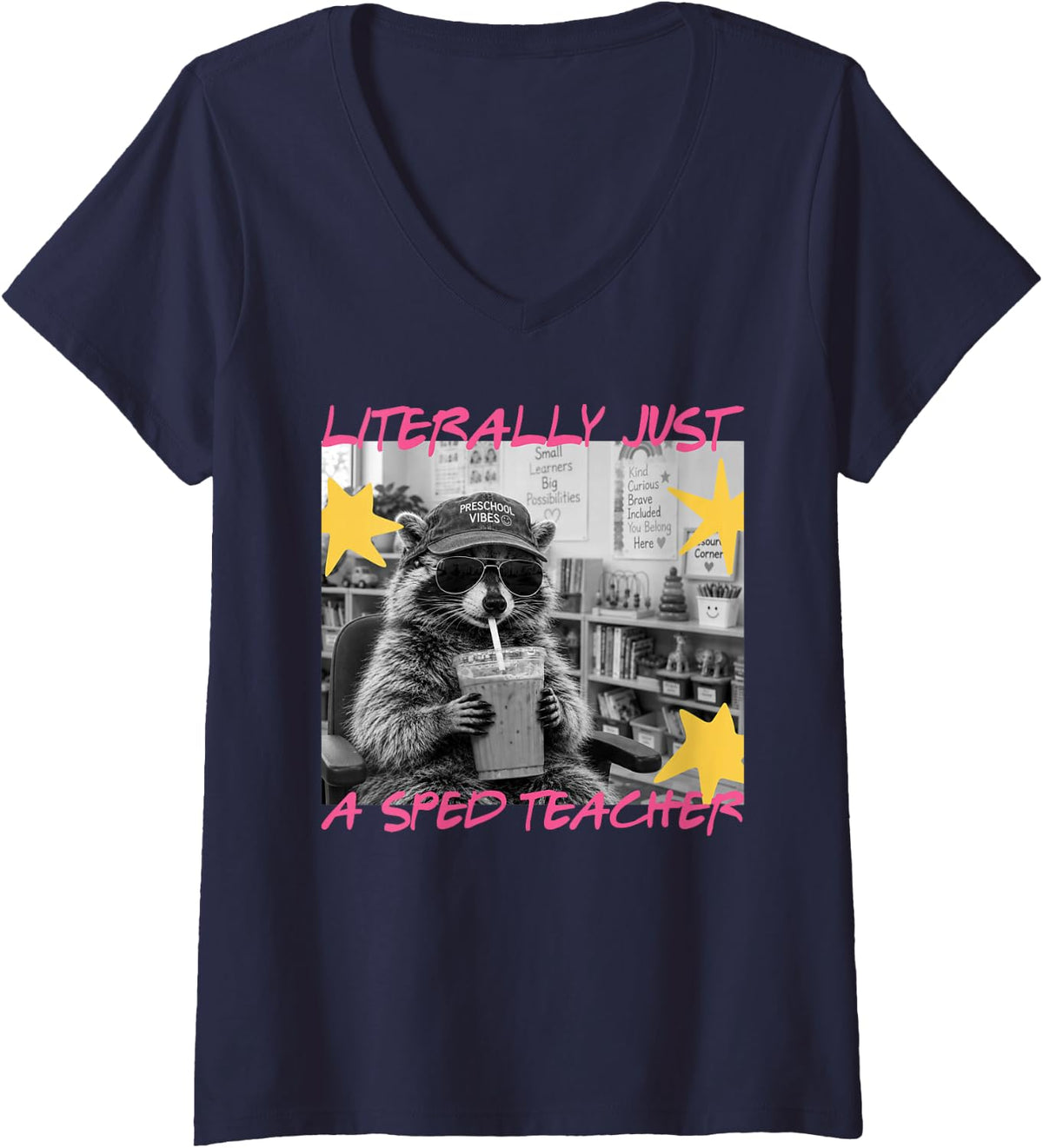 Women's Literally Just A Sped Teacher Funny Raccoon Meme V-Neck T-Shirt - Navy Blue